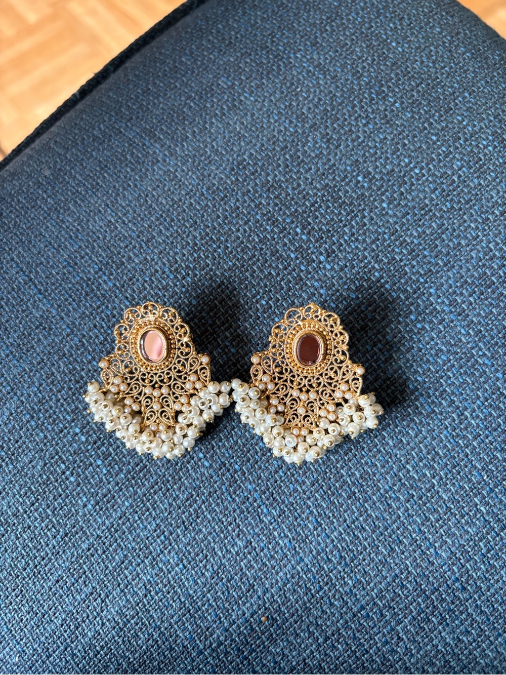 Vintage Gold Filigree Pearl Drop Earrings with Pink Stone